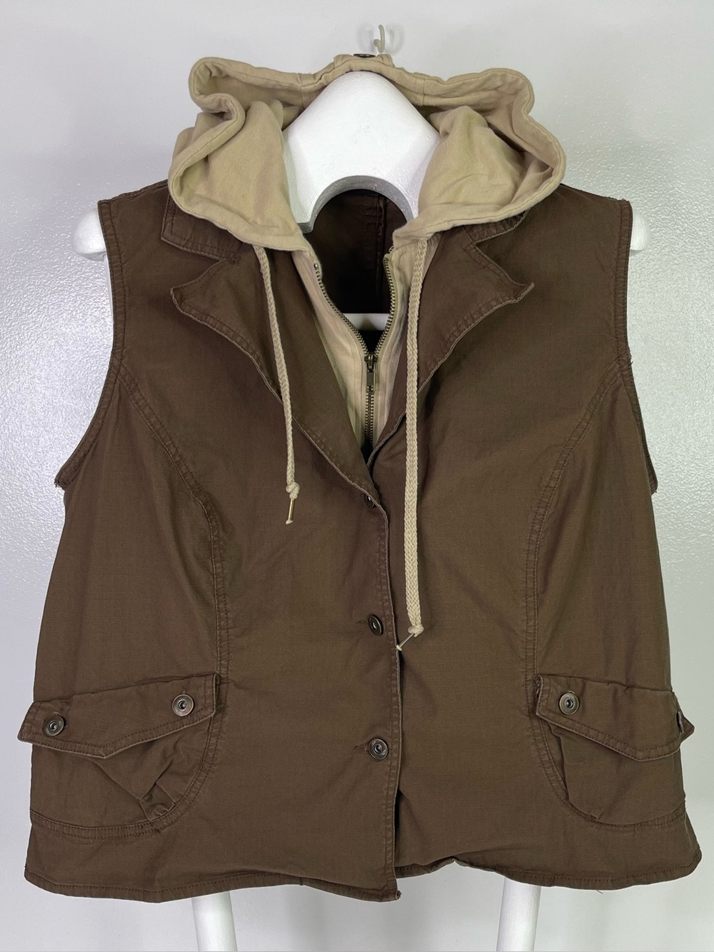 Venezia Hooded Vest Womens 14/16 Brown Beige Layered Zip Snap Cargo Utility